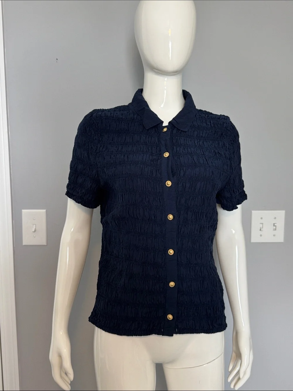 J. Crew Navy Smocked button-up shirt in cotton-blend voile